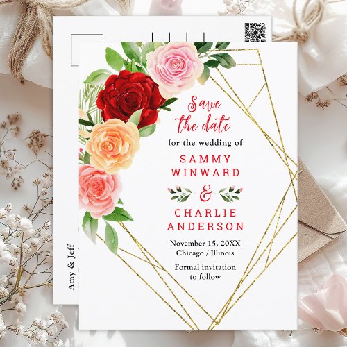 Romantic Roses Floral Wedding Save The Date Postcard