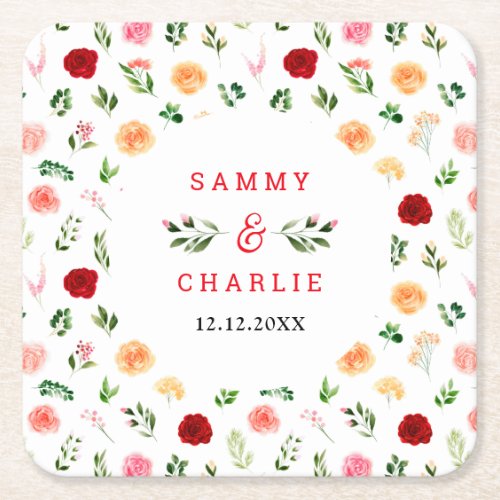 Romantic Roses Floral Wedding Square Paper Coaster