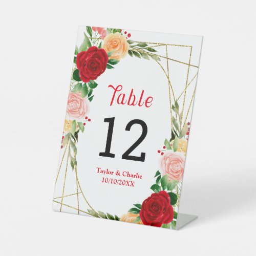 Romantic Roses Floral Wedding Table Number Pedestal Sign