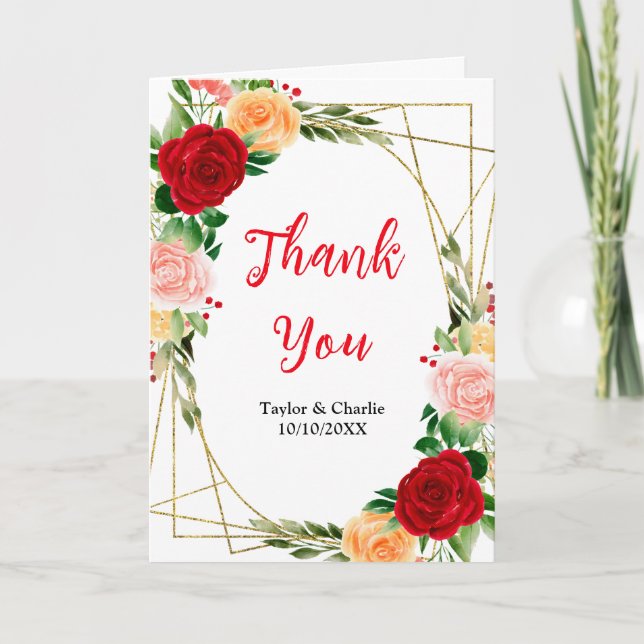 Romantic Roses Floral Wedding Thank You Card (Front)