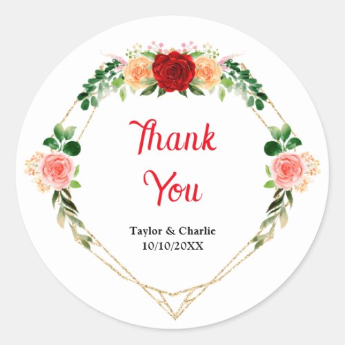 Romantic Roses Floral Wedding Thank You Classic Round Sticker