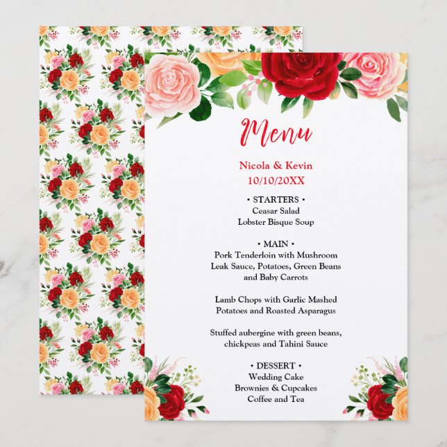 Romantic Roses FloralRomantic Red and Oran Wedding Menu (Front/Back)