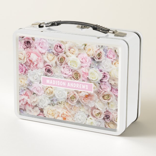 Romantic Roses Girly Chic Personalized Name Metal Lunch Box (Back)