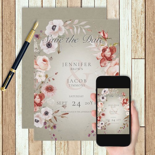 Romantic Roses Green Pink Floral Wedding Save The Date