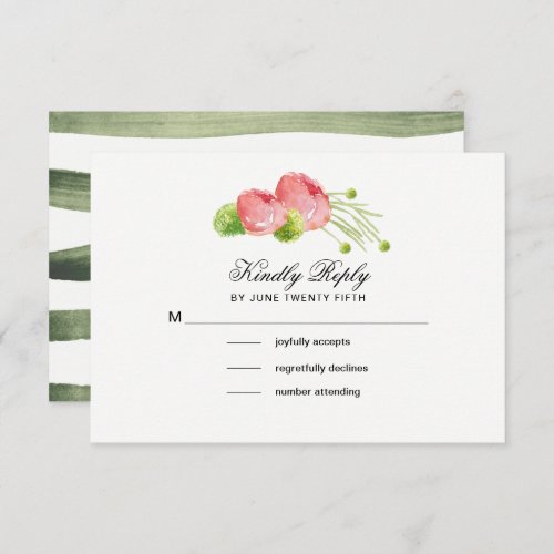 Romantic Roses  Green Stripes Wedding  RSVP Card