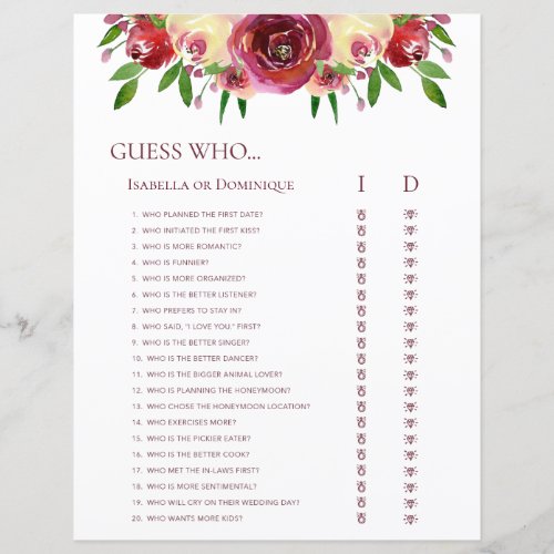 Romantic Roses Guess Who Wedding Word Search Games