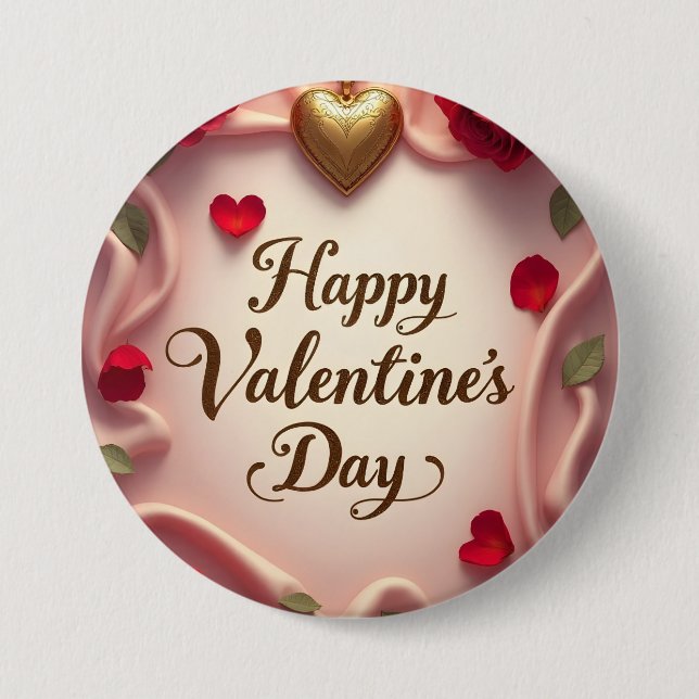 Romantic Roses & Heart Valentine Design Button (Front)