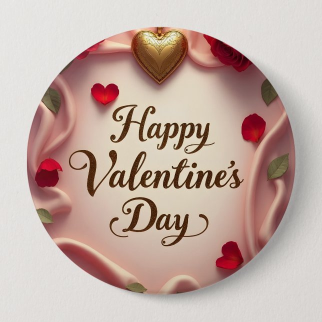 Romantic Roses & Heart Valentine Design Button (Front)