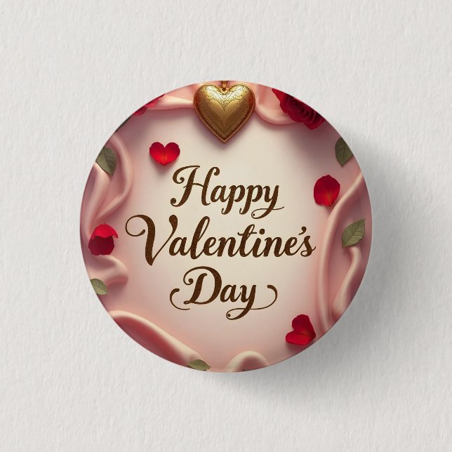 Romantic Roses & Heart Valentine Design Button (Front)