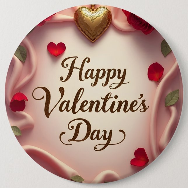 Romantic Roses & Heart Valentine Design Button (Front)