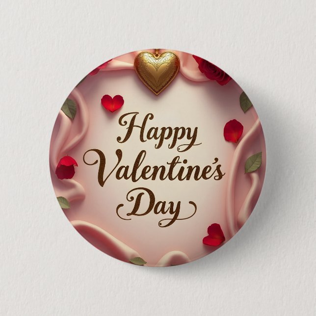 Romantic Roses & Heart Valentine Design Button (Front)