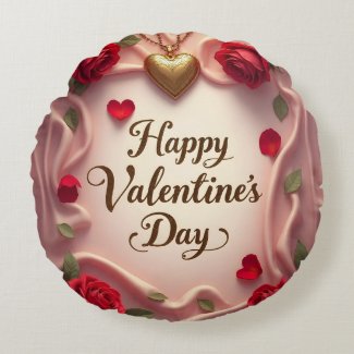 Romantic Roses & Heart Valentine Design Round Pillow