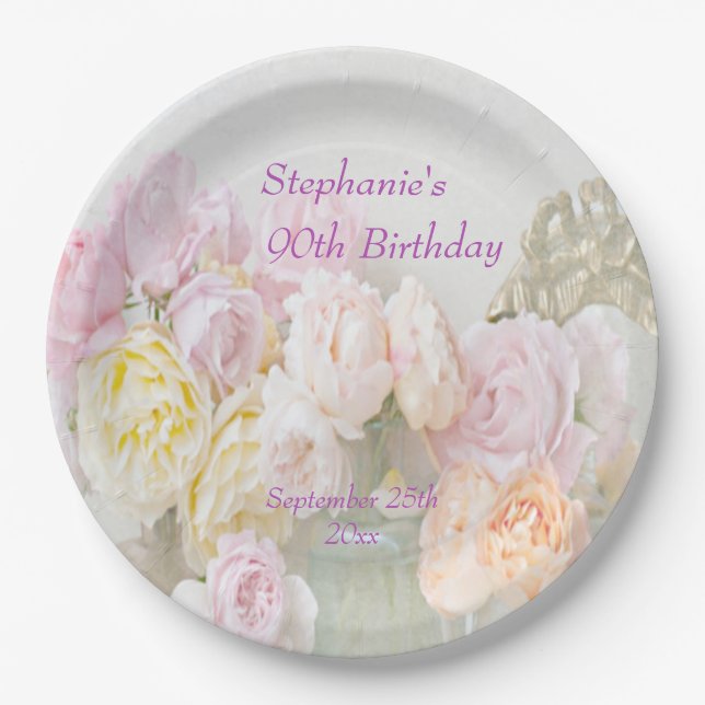 Romantic Roses in Jars 90th Birthday Paper Plates (Front)