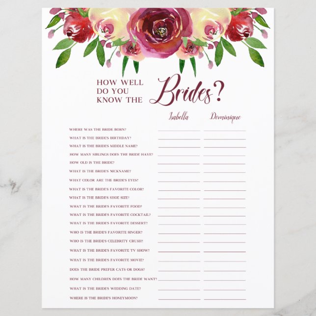 Romantic Roses Know The Brides/Name Game Page (Front)