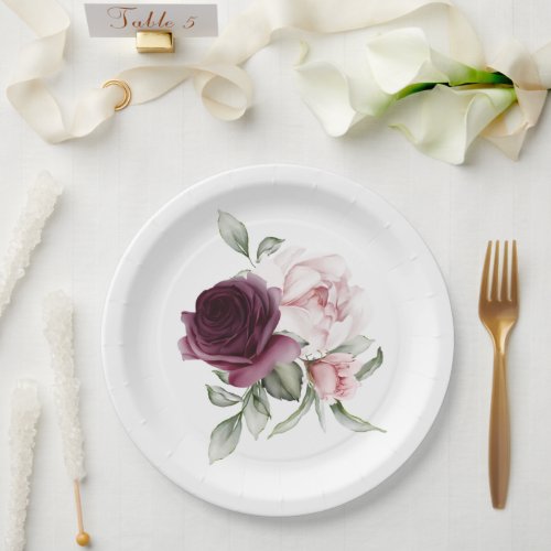 Romantic Roses Luxury Watercolor Botanical  Paper Plates