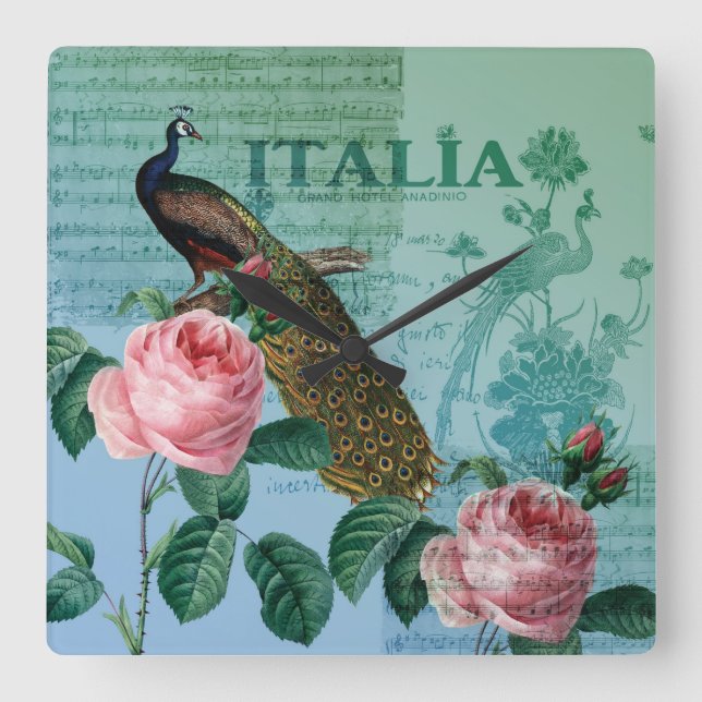 Romantic Roses Musical Peacock Square Wall Clock (Front)