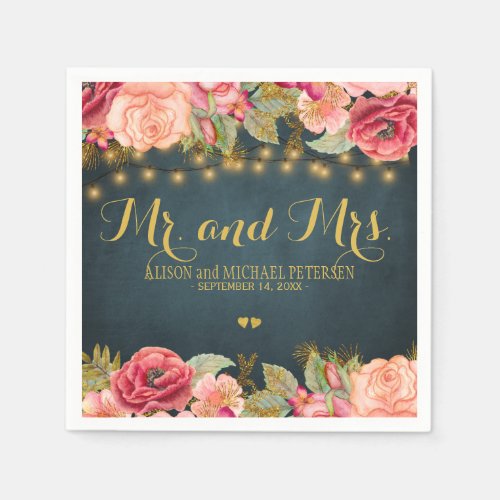 Romantic roses navy mr and mrs script wedding paper napkins