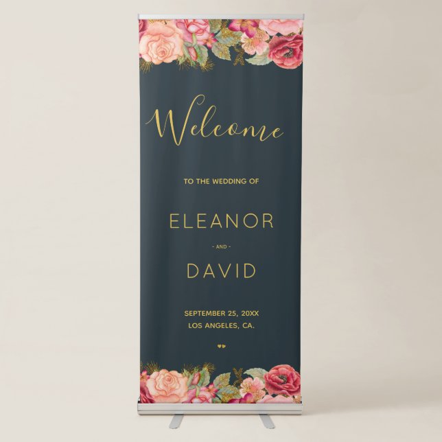 Romantic roses navy welcome reception wedding sign (Front)