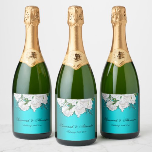 Romantic Roses on Turquoise Wedding Sparkling Wine Label