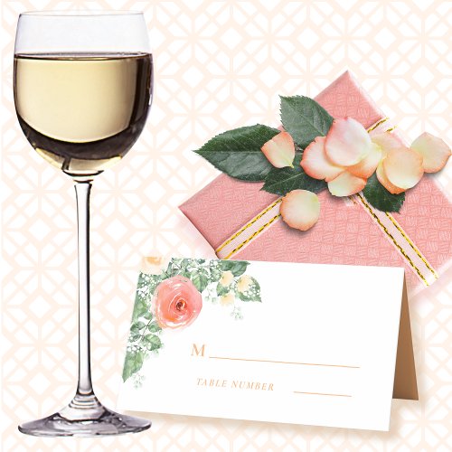 Romantic Roses Peach Floral Monogram Place Card
