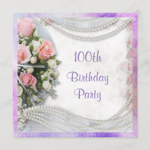 Romantic Roses & Pearls 100th Birthday Party Invitation
