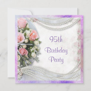 Romantic Roses & Pearls 95th Birthday Party Invitation