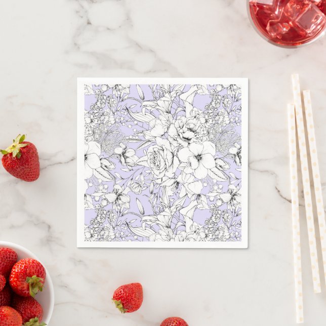 Romantic roses peony eucalyptus line drawing lilac napkins (Insitu)