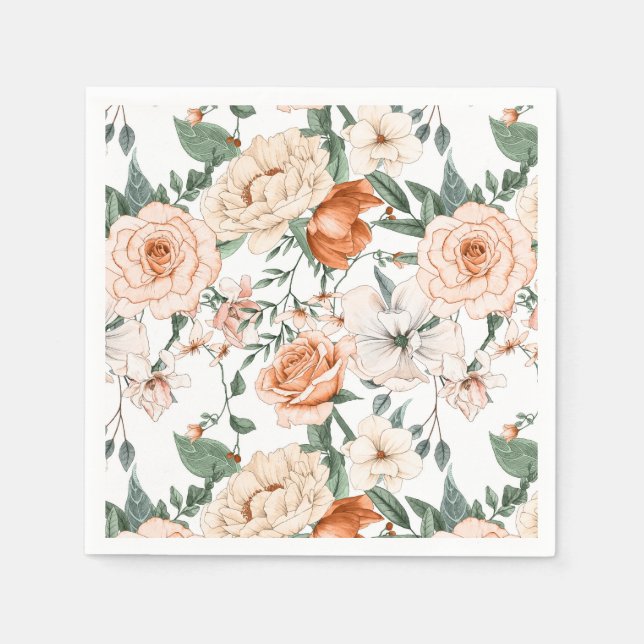 Romantic roses peony eucalyptus peach cream orange napkins (Front)