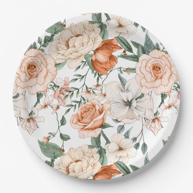 Romantic roses peony eucalyptus peach cream orange paper plates (Front)