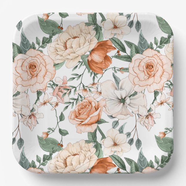 Romantic roses peony eucalyptus peach cream orange paper plates (Front)