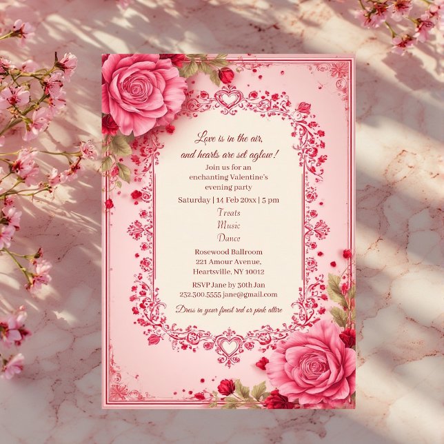 Romantic Roses Pink Heart Motifs Valentine Party  Invitation (Romantic Roses Pink Heart Motifs Valentine Party Invitation)
