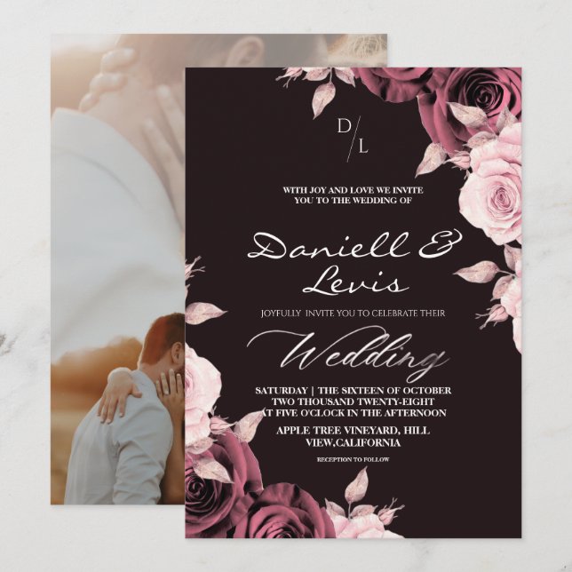 Romantic Roses Pink ⎮ Mauve Wedding Photo Invitation (Front/Back)