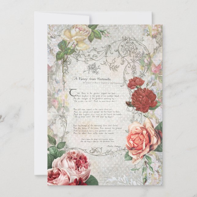 Romantic Roses, Poem & Filigree Border Note Card (Front)
