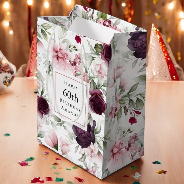 Romantic Roses Watercolor Botanical 60th Birthday Medium Gift Bag (Creator Uploaded)
