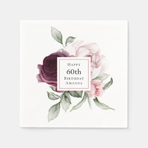 Romantic Roses Watercolor Botanical 60th Birthday Napkins