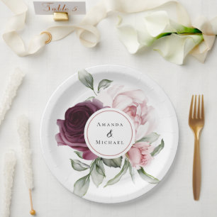 Romantic Roses Watercolor Botanical Wedding Paper Plates