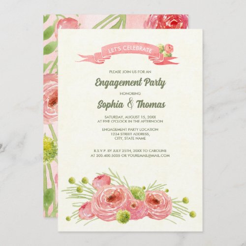 Romantic Roses Watercolor Engagement Party  Invitation