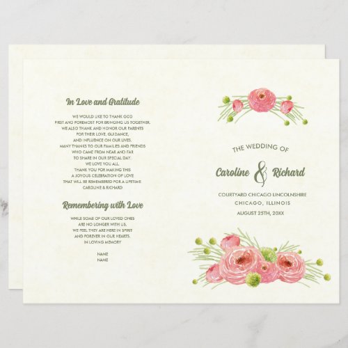 Romantic Roses Watercolor Folded Wedding Program