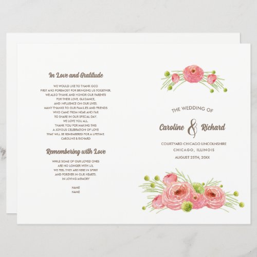 Romantic Roses Watercolor Folded Wedding Program