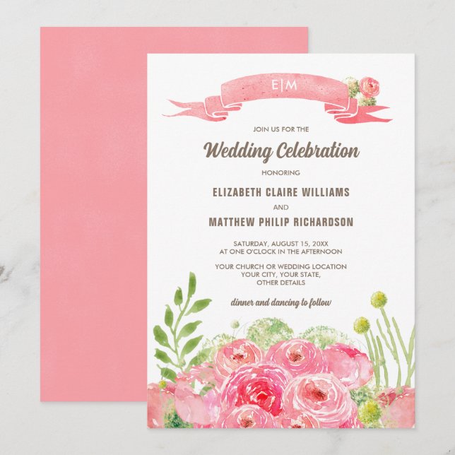 Romantic Roses Watercolor Wedding  Invitation (Front/Back)