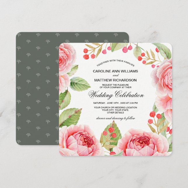 Romantic Roses Watercolor Wedding  Invitation (Front/Back)