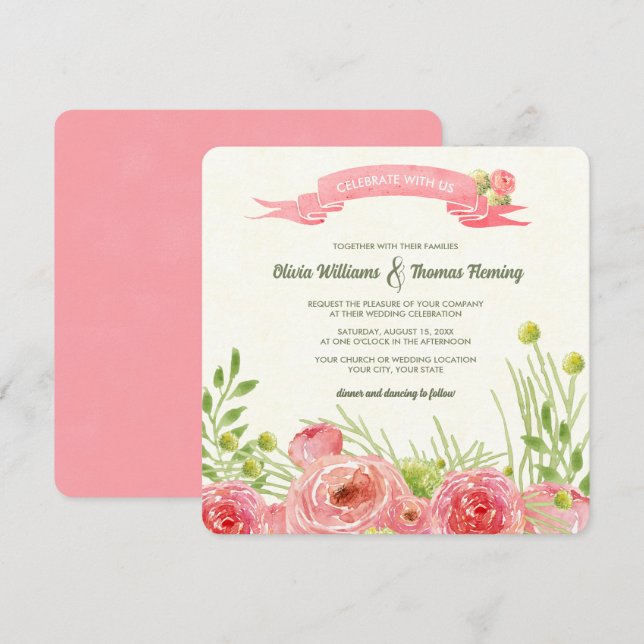 Romantic Roses Watercolor Wedding  Invitation (Front/Back)