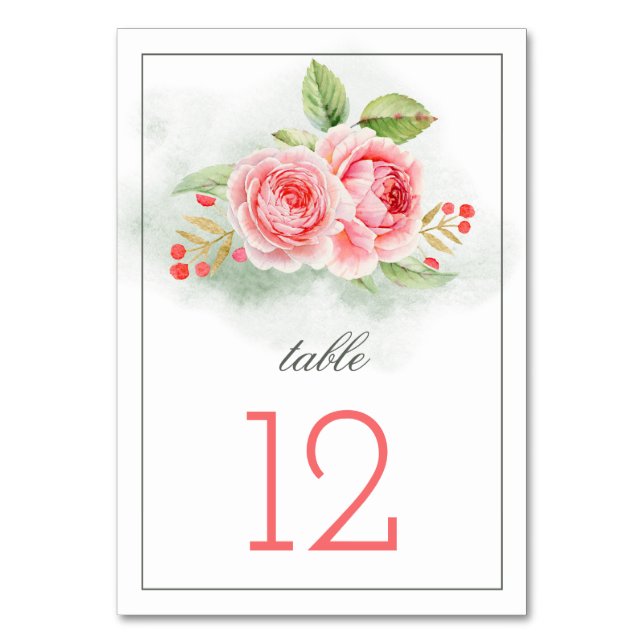 Romantic Roses Watercolor Wedding Table Numbers (Back)