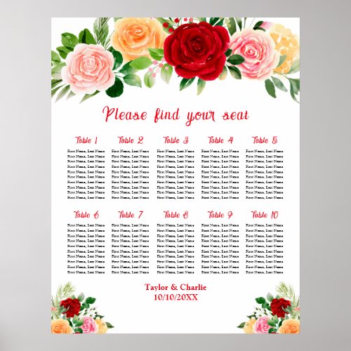 Romantic Roses Wedding 10 Tables Seating Chart