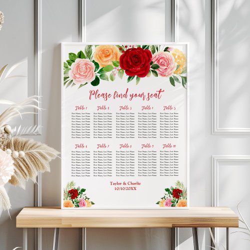 Romantic Roses Wedding 10 Tables Seating Chart