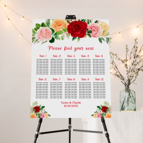 Romantic Roses Wedding 10 Tables Seating Chart Foam Board