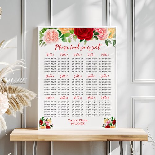 Romantic Roses Wedding 15 Tables Seating Chart