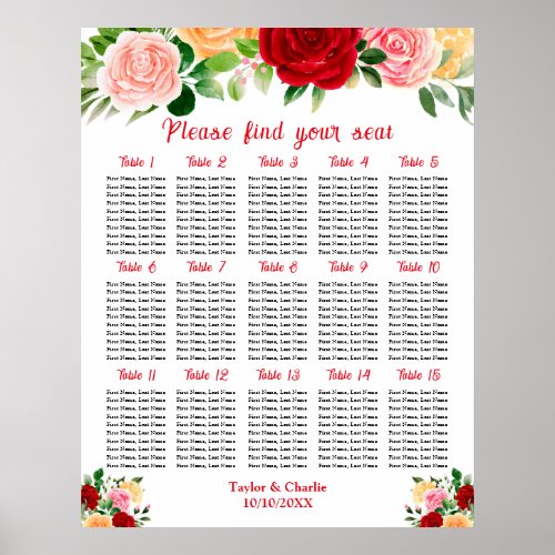 Romantic Roses Wedding 15 Tables Seating Chart