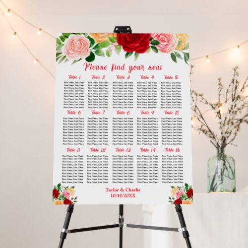 Romantic Roses Wedding 15 Tables Seating Chart Foam Board