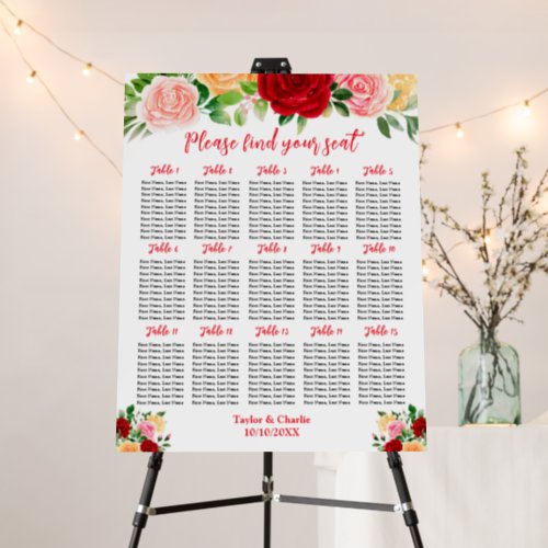 Romantic Roses Wedding 15 Tables Seating Chart Foam Board